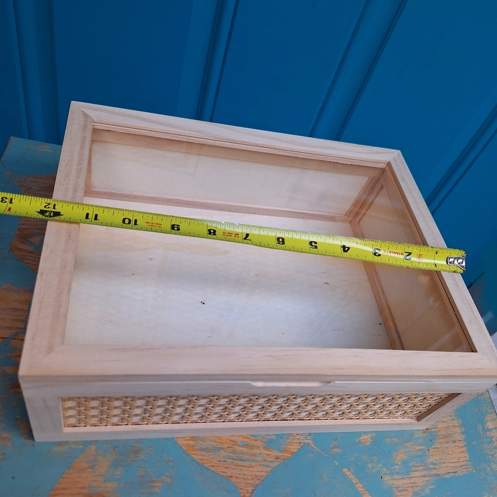 Wood and Glass Display Box or Wall Shelf Hinged Lid Wicker Trinkets Collectibles - Picture 8 of 15